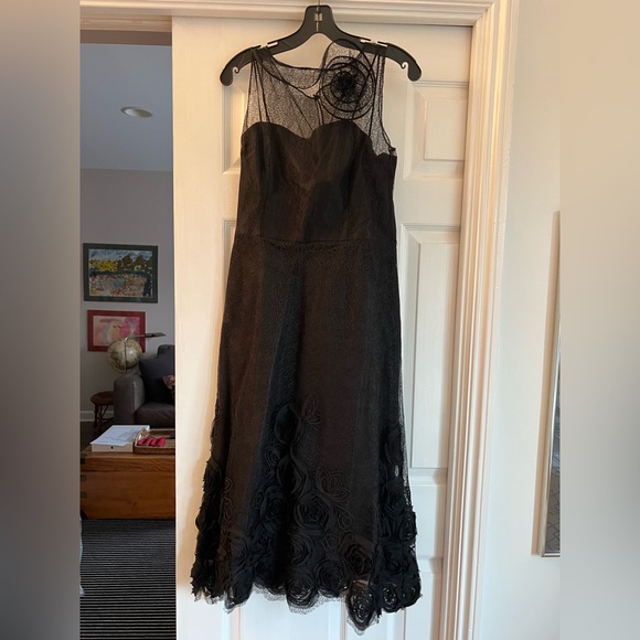 Latrice Black Sheer floral black tie lined dress midi length - Picture 1 of 14